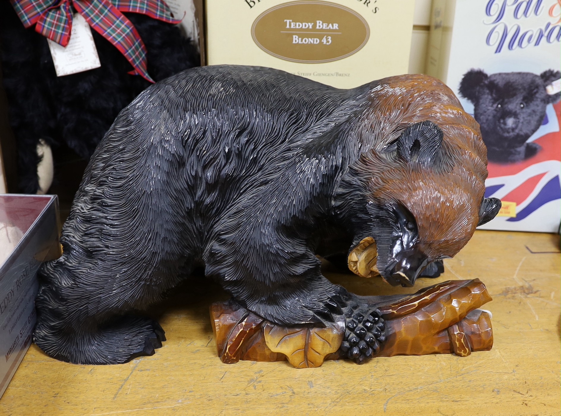 A Japanese carved wood bear. Approx 50cm wide